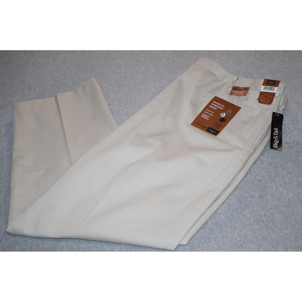 Haggar Work-To-Weekend Khaki Men 52x33 Beige Pleated Cotton Pants Chinos NEW **